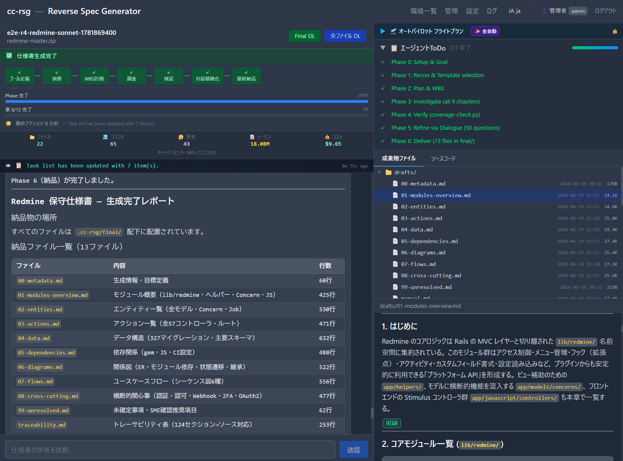 cc-rsg-web の実画面：全フェーズ完了後の生成完了レポート。生成された仕様書 13 章の一覧と、章本文（Mermaid 図つき）のプレビューが表示されている。
