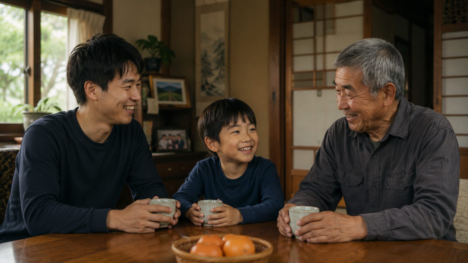 食卓を囲む三世代の家族