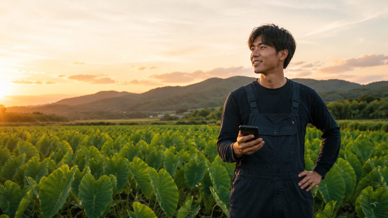 夕暮れの里芋畑でスマホを手にする若手農家