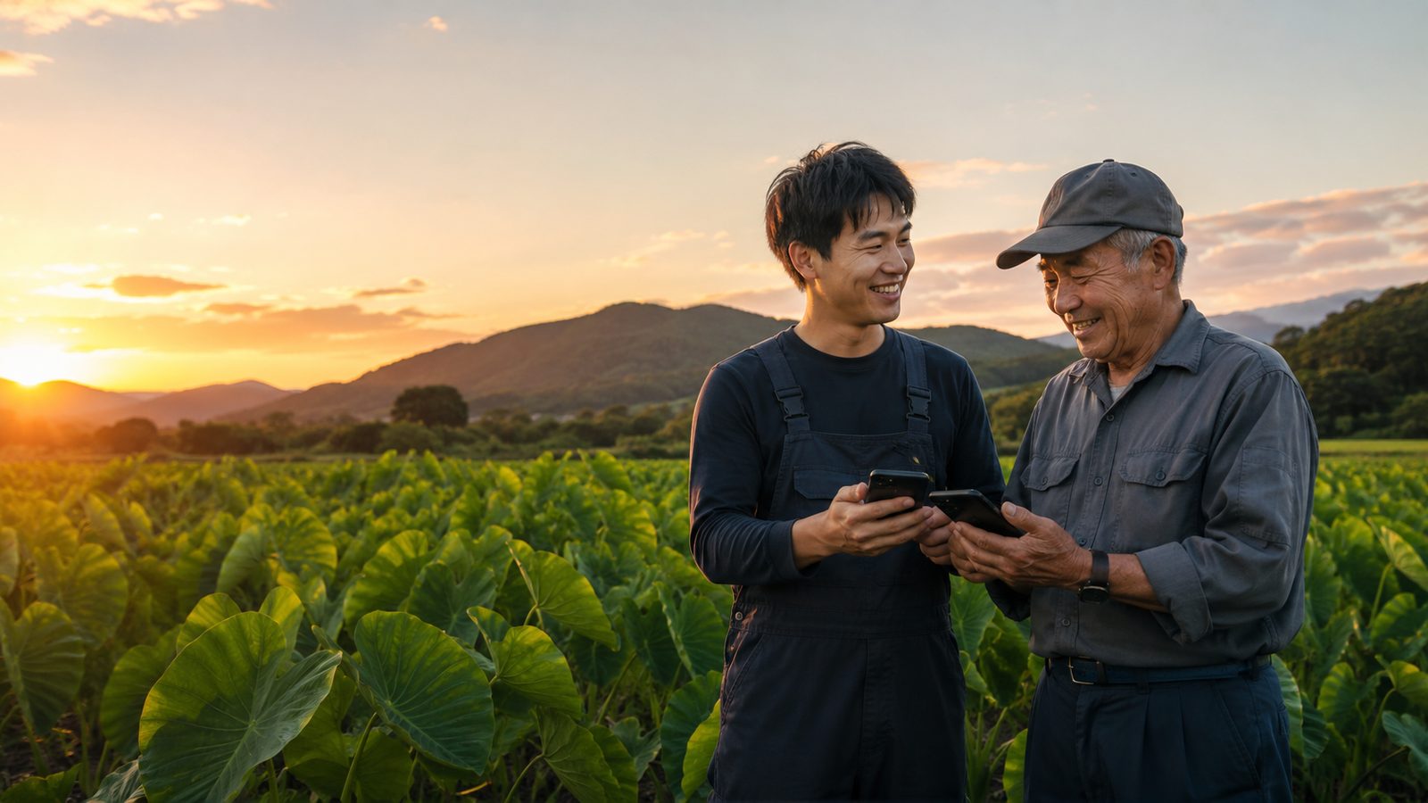 夕暮れの畑でスマホを一緒に見る若手と年配の農家
