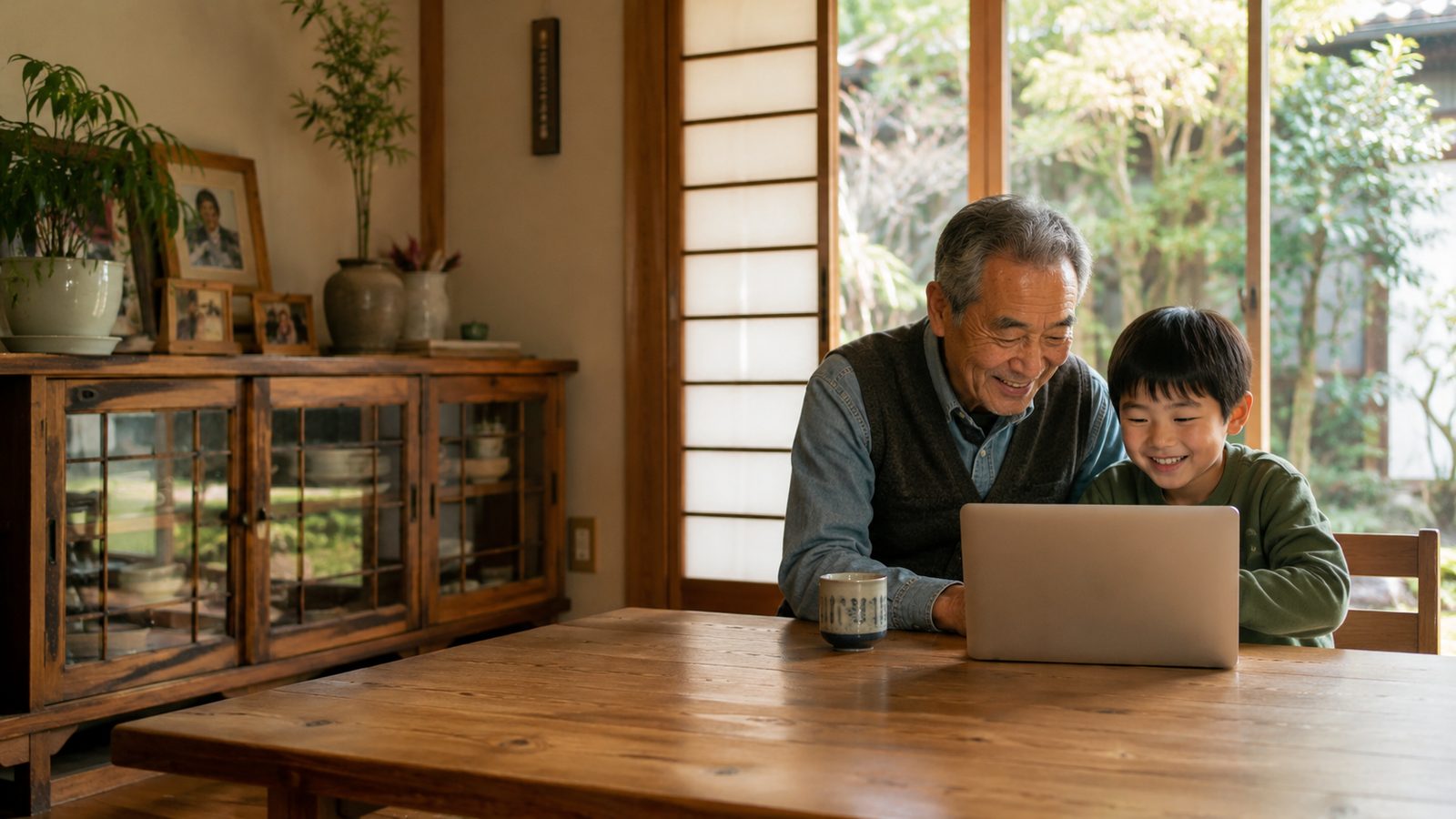 自宅で里芋畑の様子をPCで確認する祖父と孫